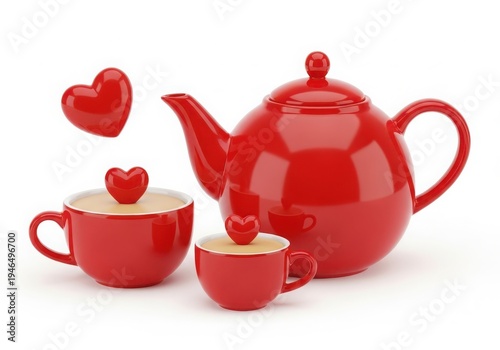 A charming red teapot with matching cups and heart-shaped decorations on a white background isolated on white background