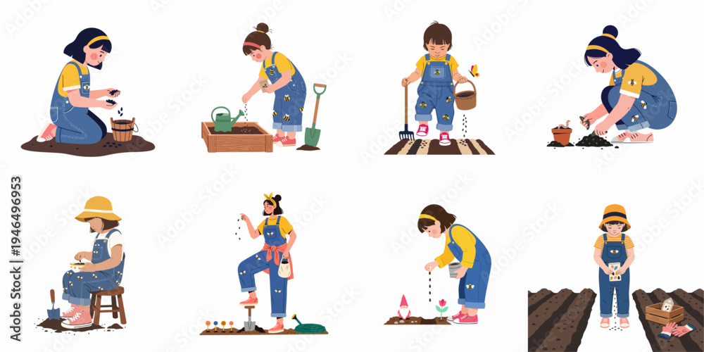 Fototapeta premium Collection of flat vector illustrations depicting a young girl in denim overalls performing various gardening tasks like sowing seeds and planting.