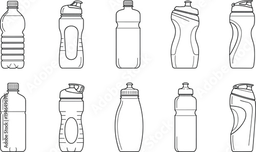 Water bottle icons set with plastic sports and reusable containers, drinking bottle line art isolated vector illustration, cad drawing flat design