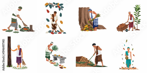 Set of illustrations showing elderly men in traditional attire sweeping and cleaning fallen leaves in a garden.