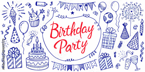 Hand drawn birthday party doodles with cake balloons and celebratory elements