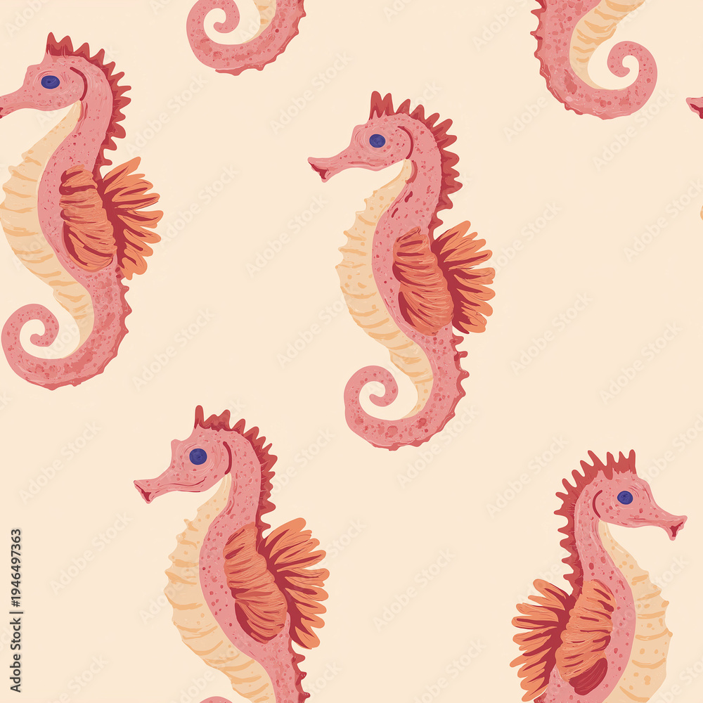 Obraz premium Seamless seahorse pattern with pink coral sea horses on a soft beige background, cute underwater repeating design in a playful hand drawn coastal illustration style