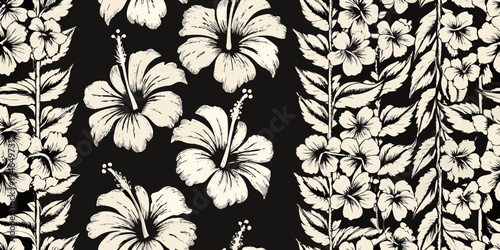 Elegant seamless pattern of hibiscus flowers and tropical foliage