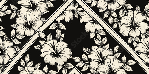 Elegant seamless pattern featuring tropical hibiscus flowers and geometric lines