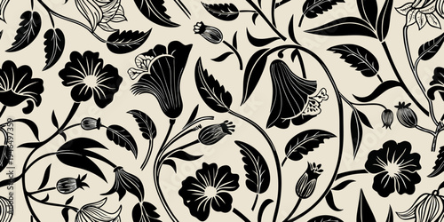 Elegant black and cream floral pattern with stylized botanical illustrations