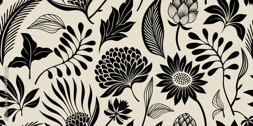 Intricate botanical illustration featuring various leaves and floral designs