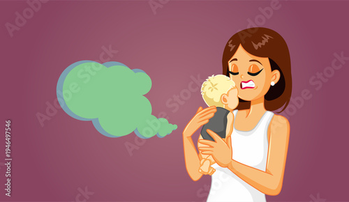 Φωτογραφία Mother Holds a Baby Who Has Flatulence and Gas Vector