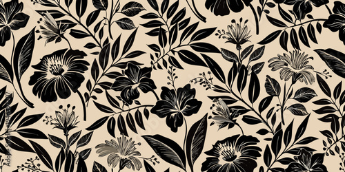 Elegant floral pattern with dark blooms and lush botanical elements