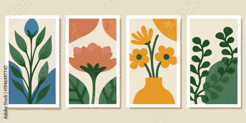 Four botanical wall art panels with abstract floral and foliage designs