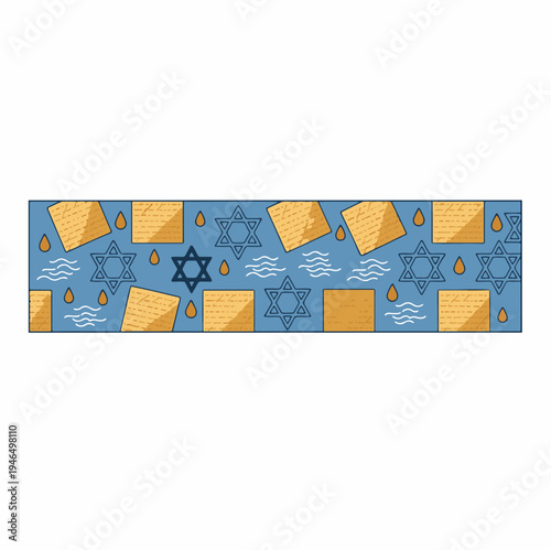 Passover horizontal banner with matzah, Star of David, and water waves on blue background.