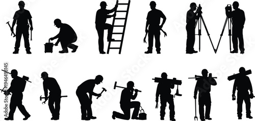 Construction and survey worker silhouettes set, laborers with hammer, ladder and surveying equipment, professional industrial workforce activity vector illustration isolated collection