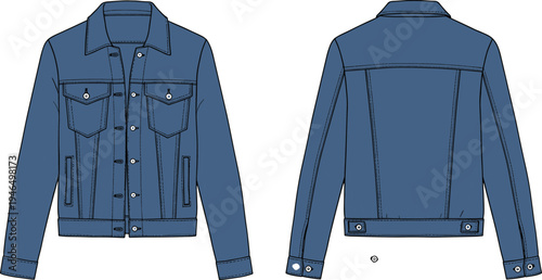 Men’s denim jacket flat vector cad illustration front and back view, fashion technical sketch, casual outerwear design drawing