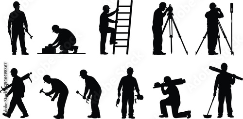 Construction and survey worker silhouettes set, laborers using tools, ladder and surveying equipment, professional industrial workforce vector illustration isolated collection