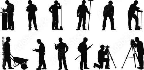 Construction and technical workers silhouettes set, surveyor, cameraman, laborer and technician performing different job activities, professional workforce vector illustration collection