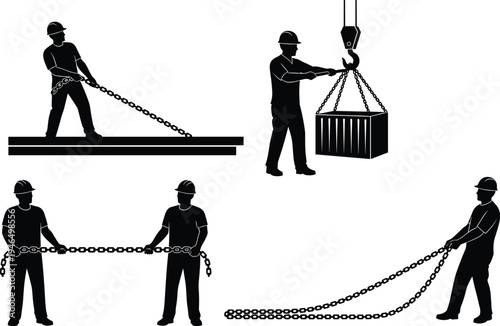 construction worker chain pulling silhouettes, industrial rigging teamwork, crane hook lifting cargo, manual labor safety concept, heavy equipment operation vector illustration set