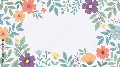 Colorful flat design flowers and leaves forming a decorative frame