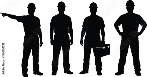 Construction worker silhouettes set, engineer and builder with helmet, pointing, standing and holding toolbox, professional labor workforce vector illustration isolated collection