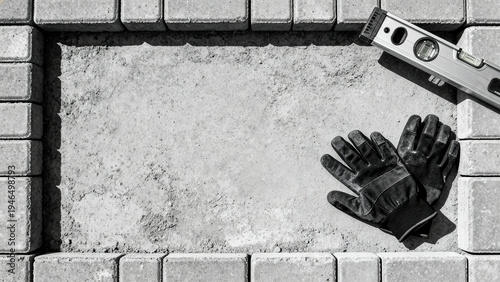 Industrial Paving Stones and Tools Frame on Concrete Copy Space