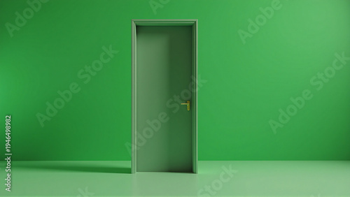 Minimalist closed door on a bright green backdrop