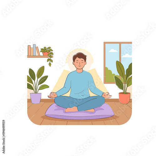 Man meditates peacefully on a purple mat in a serene room with plants.