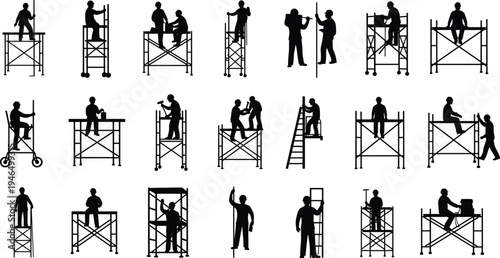 Construction workers on scaffolding performing installation, repair and maintenance tasks, builders working at height with ladders and platforms, vector silhouette illustration set