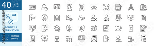 Identity and verification icon set. Line icon editable. Containing ID card, biometric, fingerprint, face ID, retina, digital signature, authentication, access, voice recognition, profile, security.