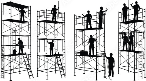 Construction workers on scaffolding silhouettes set, builders painting and repairing building exterior, industrial maintenance work at height, construction vector illustration collection