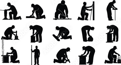 Construction workers performing different manual tasks silhouettes set, builder and technician using tools, industrial labor activities collection, professional workforce vector illustration
