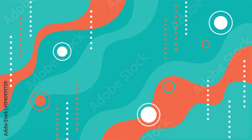 Abstract background with wavy teal and coral shapes and geometric dots