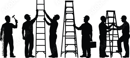 Construction workers with ladders and tools, builder team maintenance work scene, industrial repair service silhouettes set, professional labor concept vector illustration