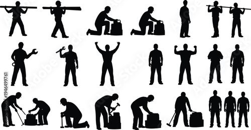 Construction workers with tools and materials silhouettes set, builders carrying beams, repairing equipment and performing manual labor, industrial workforce vector illustration