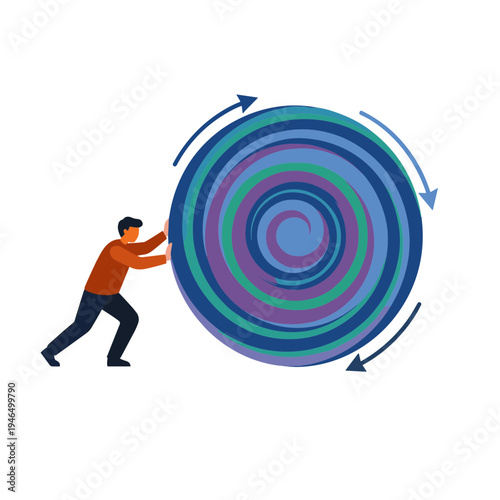 A man pushing a large colorful wheel with arrows spinning around it.