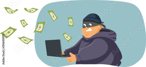 Cyber Thief Stealing Money Online in a Scam Vector Illustration. Dangerous hacker stealing money from online account running with laptop
