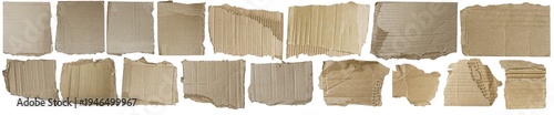 Isolated set of torn cardboard pieces on a white background