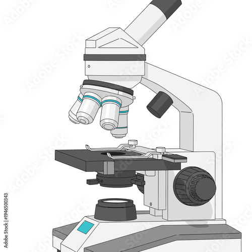 Modern Compound Microscope with Turret Objective Lenses and Stage Clips