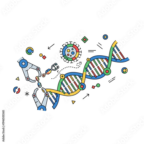 Robotic Arms Manipulating DNA Helix, Genetic Engineering and Biotechnology Concept