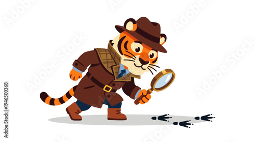 An animated tiger character, styled as a classic detective, meticulously inspecting a series of small human-like footprints with a magnifying glass, suggesting a playful investigation or mystery