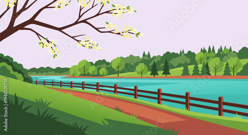 Serene riverside park vector illustration with trees and path, perfect for nature and lifestyle designs