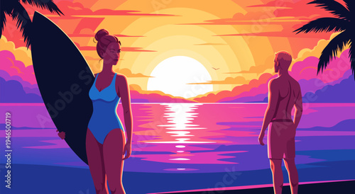 Vector illustration of a couple enjoying a breathtaking sunset on a tropical beach with a surfboard, vibrant colors, and palm trees