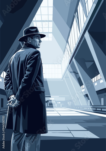 Urban Exploration in a Modern City A Stylish Man in a Trench Coat and Fedora Standing in a Sunlit Atrium, Vector Illustration