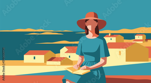Calm Mediterranean Scene Vector Illustration Woman Writing in a Notebook by the Sea
