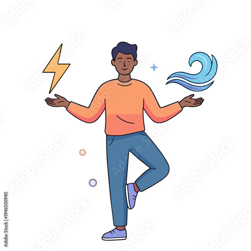 A man balances a lightning bolt and a wave in his hands outdoors