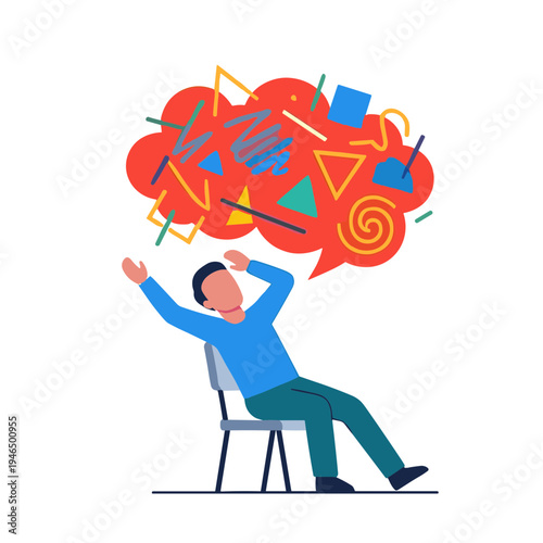 A man sits on a chair with his hands up, surrounded by chaotic thoughts and confusion.