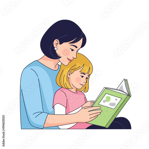 Mother Reading Book to Daughter, Family Learning, Childhood Education, Story Time