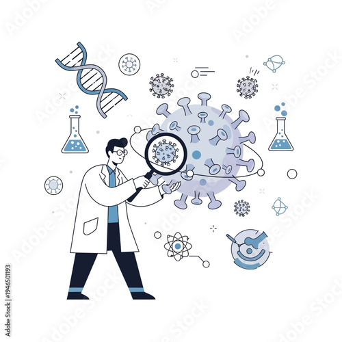 Scientist Researches Coronavirus Molecule with Magnifying Glass, DNA and Lab Equipment