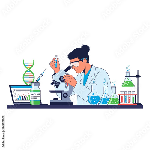 Scientist Researching Vaccine Development under Microscope with DNA and Lab Equipment