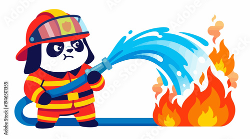 Cute cartoon panda dressed as a firefighter bravely spraying water from a hose to extinguish a raging fire, adorable illustration for safety and emergency services