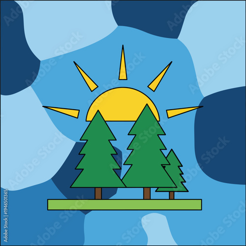 Stylized Landscape with Trees and Sun