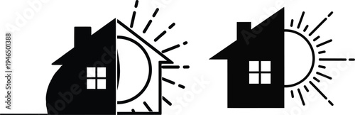 Black and white illustration of two houses with sun and moon