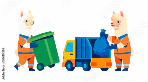 Cartoon llamas in sanitation uniforms collect waste, pushing a recycling bin and loading a garbage truck, promoting environmental responsibility